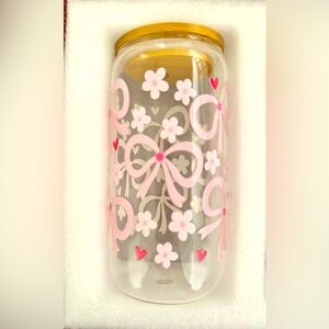 Pink Floral Drinking Glass with Wooden Lid,  Glass Straw and Cleaning brush